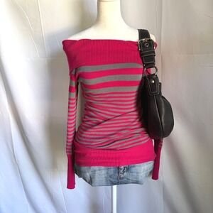 Bongo Womens Pink Grey Striped Off The Shoulder Knit Sweater Y2K Size Medium
